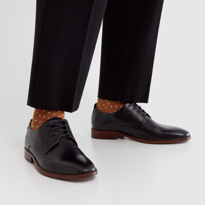 Base London Black Shoes with Polka Socks and Black Trousers
