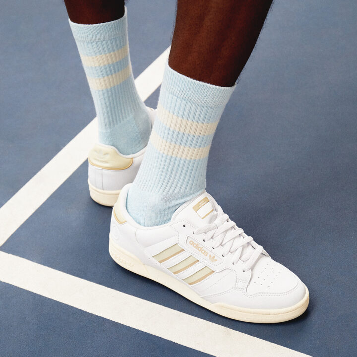 adidas Content 80 Stripe white shoes with blue and white socks